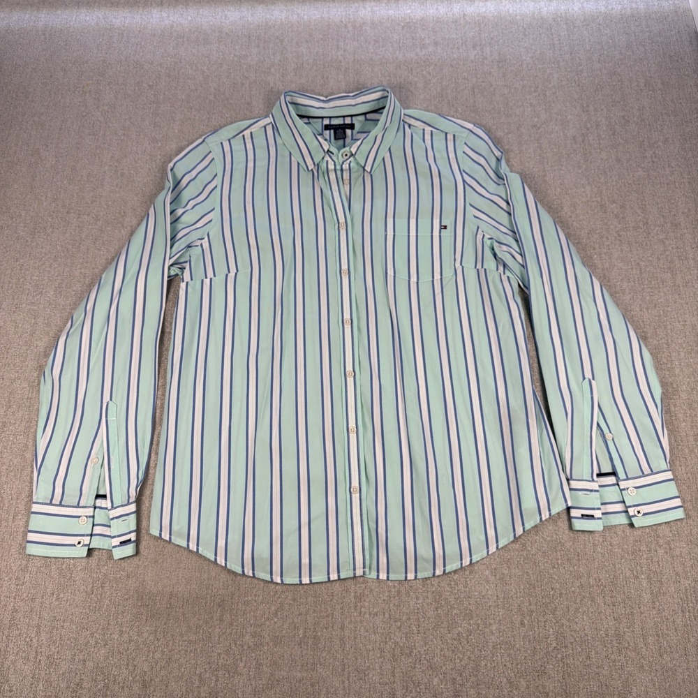 Tommyβ Hilfiger Striped Shirt Womens XL Blue Green Stripe Button Up Long Sleeve